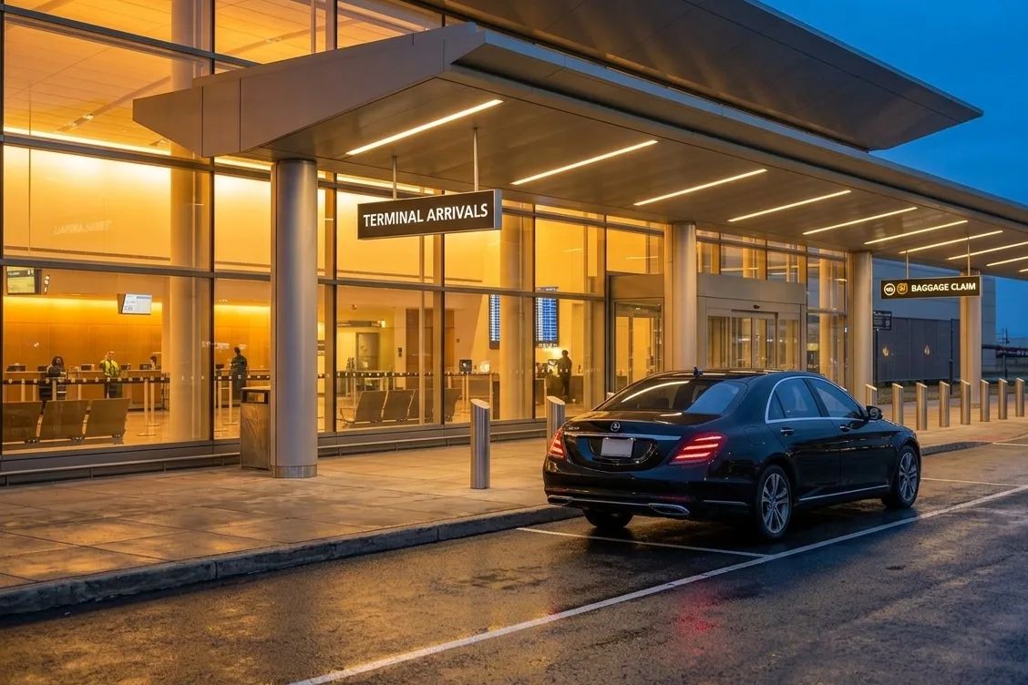 A chauffeur meeting an arriving passenger inside an airport terminal.