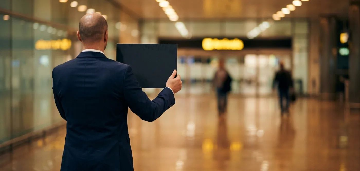 A chauffeur meeting an arriving passenger inside an airport terminal.