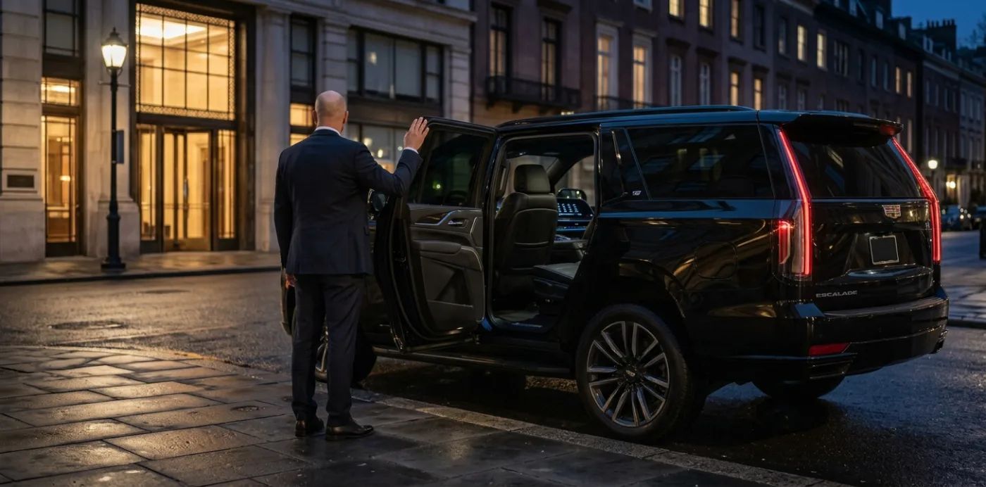 A chauffeur holding the rear door of a black sedan open at the kerb.