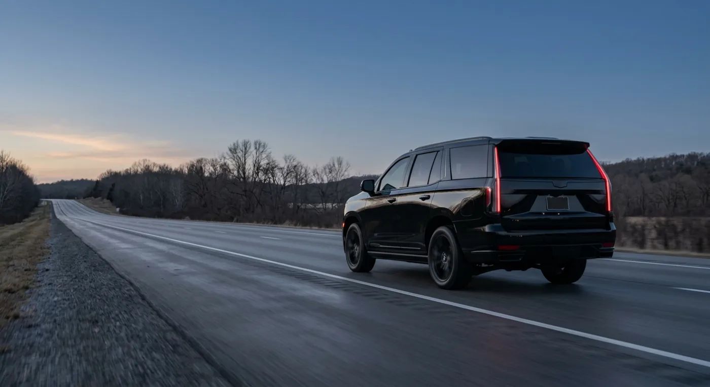 A black Cadillac Escalade on an open highway.