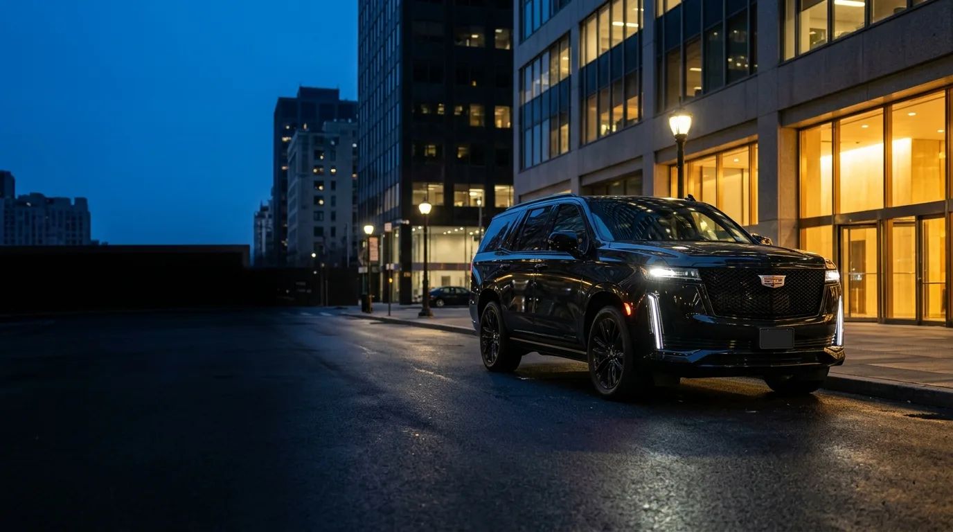 A black Cadillac Escalade at a Manhattan kerb.