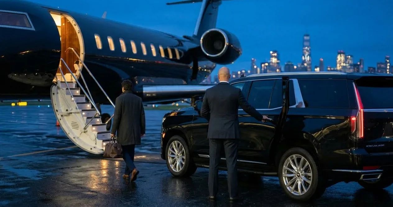 A black Cadillac Escalade at a private-aviation terminal.
