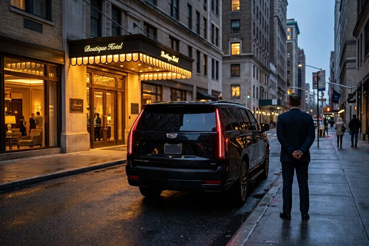 A chauffeur waiting beside a car outside an office building.
