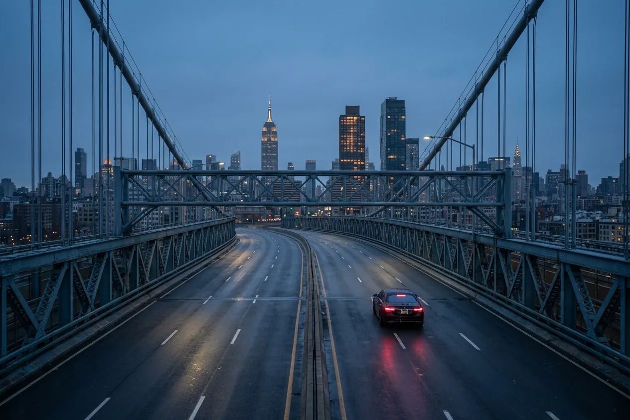 A black Cadillac Escalade on an open highway at dusk.