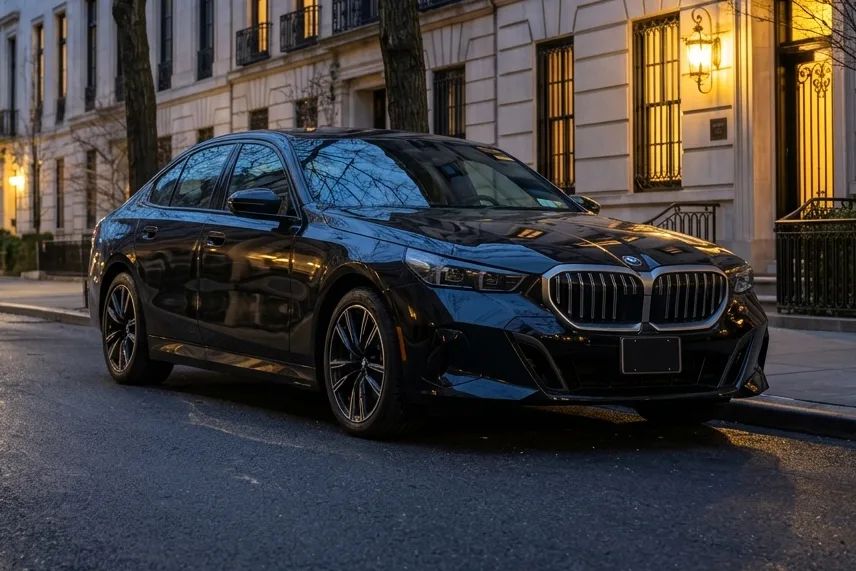 A black BMW 5 Series, the business sedan.