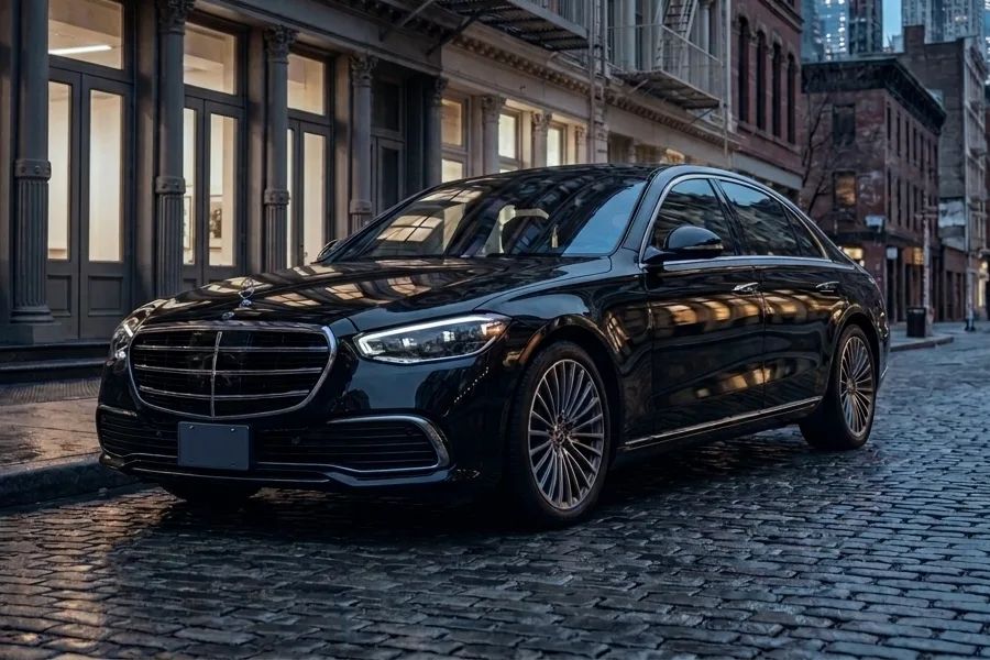A black Mercedes-Benz S-Class on a city street at blue hour.