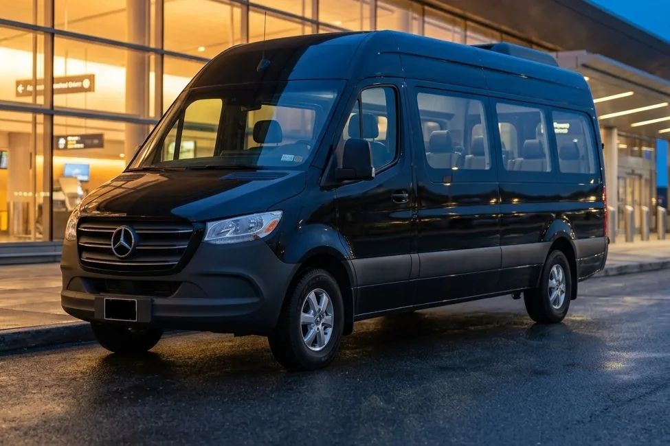 A black Mercedes-Benz Sprinter high-roof passenger van at blue hour.